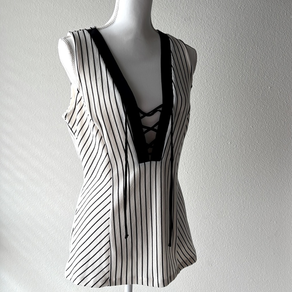 VENUS Black and White Striped Tank Top